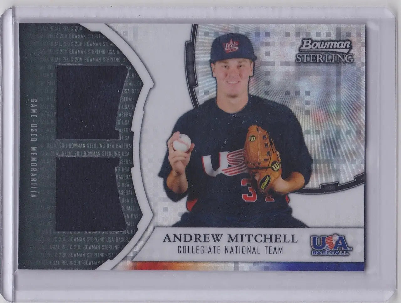 Baseball trading card of Andrew Mitchell, featured in Bowman Sterling USA Dual Patch