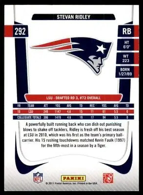 Stevan Ridley football card from 2011 Panini Prestige New England Patriots #292