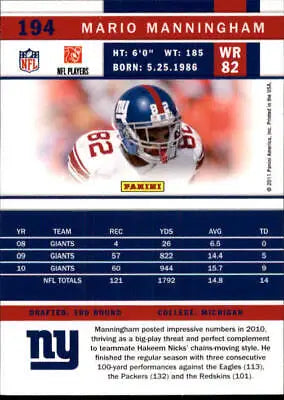 Mario Manningham New York Giants Football Card from 2011 Score NFL Sports NM-MT