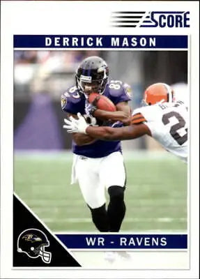 Derrick Mason Baltimore Ravens football card with him carrying the ball in a game