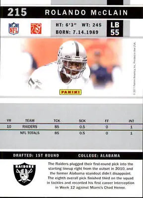 Rolando McClain Oakland Raiders football card from 2011 Score #215 in NM-MT condition