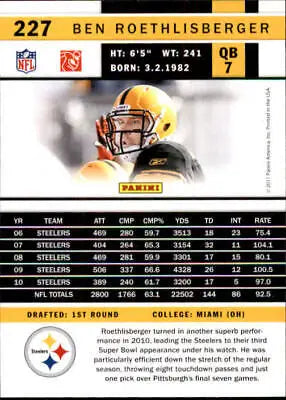 Ben Roethlisberger Pittsburgh Steelers football card 2011 Score #227 NM-MT condition