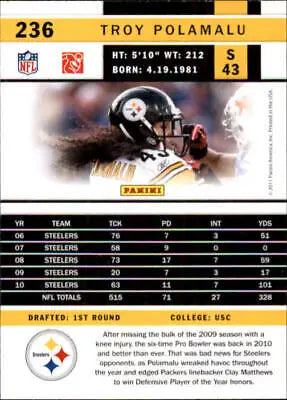 Troy Polamalu Pittsburgh Steelers Football Card 2011 Score #236 in NM-MT condition