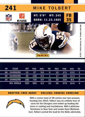 Football card back of 2011 Score #241 Mike Tolbert San Diego Chargers NFL Sports Card