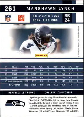 Marshawn Lynch Seattle Seahawks football card 2011 Score #261 NFL Sports NM-MT