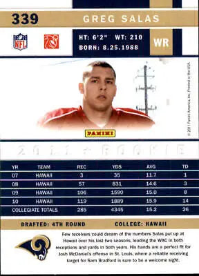 Greg Salas Rookie St Louis Rams Football Card from 2011 Score #339 NFL Sports