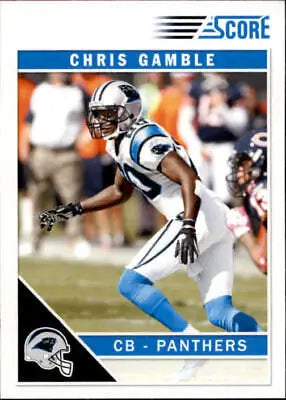 Chris Gamble Carolina Panthers player in white and blue uniform in defensive stance