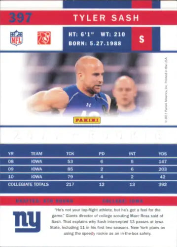 Tyler Sash Rookie New York Giants Football Card 2011 Score #397 NFL Sports NM-MT