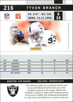 Tyvon Branch 2011 Score Glossy NFL Football Card Oakland Raiders NM-MT