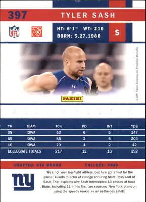 Tyler Sash Rookie New York Giants 2011 Score Glossy NFL Football Card NM-MT