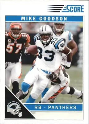 Football trading card of Mike Goodson in a Carolina Panthers white uniform, Score Glossy