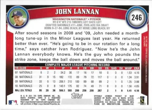 John Lannan baseball card from 2011 Topps #246 with original gloss, Near Mint condition