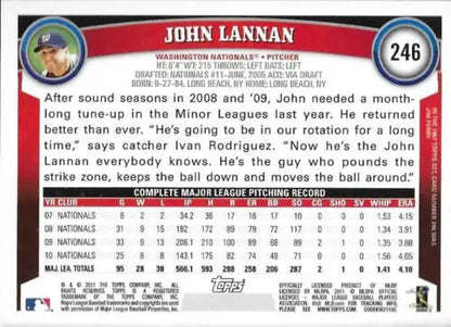 John Lannan baseball card from 2011 Topps #246 with original gloss, Near Mint condition