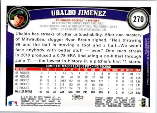 2011 Topps #270 Ubaldo Jimenez NM-MT Rockies original gloss baseball card