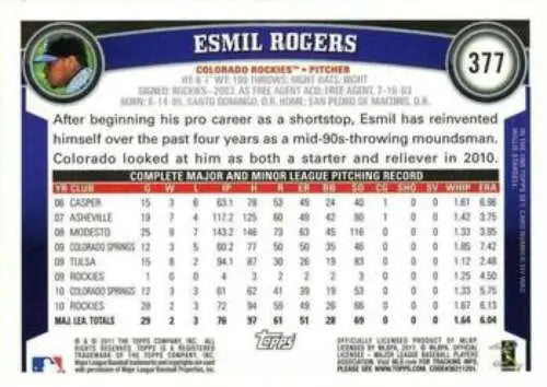 Esmil Rogers baseball card from 2011 Topps #377 Rockies with original gloss finish