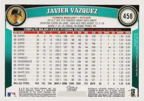 Baseball card back of 2011 Topps #458 Javier Vazquez NMMT with original gloss finish