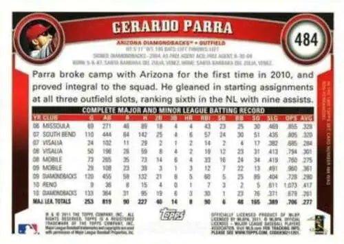 Baseball card back of 2011 Topps #484 Gerardo Parra NM MT Diamondbacks with original gloss