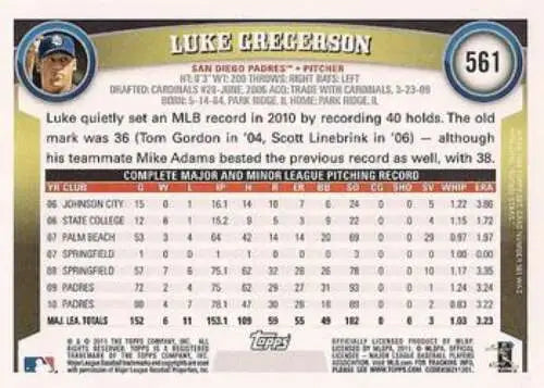 2011 Topps #561 Luke Gregerson baseball card with original gloss NM-MT Padres