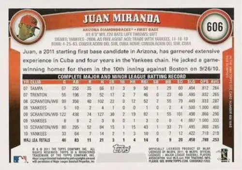 Juan Miranda baseball card, 2011 Topps #606, original gloss, NM/MT condition