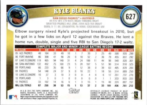 2011 Topps #627 Kyle Blanks NM-MT baseball card with original gloss for collectors