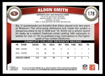 Aldon Smith football card from 2011 Topps, featuring San Francisco 49ers #178 design