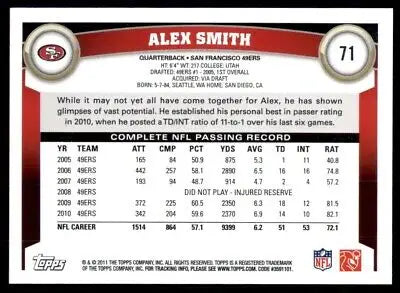 Alex Smith football card from 2011 Topps San Francisco 49ers #71 text-align center display