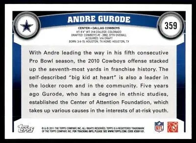 Andre Gurode football card from 2011 Topps Dallas Cowboys #359, text-align center style