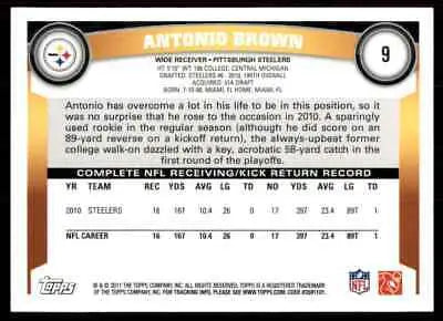 Topps Antonio Brown Pittsburgh Steelers #9 football card featuring Antonio Brown