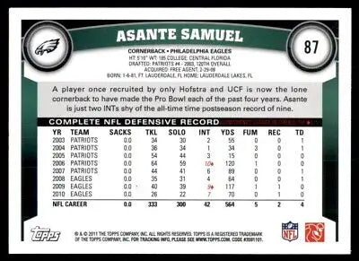 Asante Samuel football card from 2011 Topps Asante Samuel Philadelphia Eagles #87