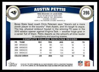 Austin Pettis Rookie Football Card 2011 Topps St. Louis Rams #396 text-align center