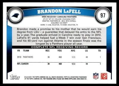 NFL trading card of Brandon LaFell with statistics in 2011 Topps #97 design