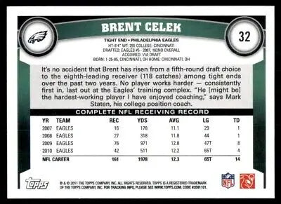 Brent Celek football card 2011 Topps #32 Philadelphia Eagles text-align center