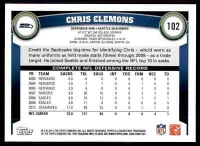 Topps Chris Clemons football card featuring the Seattle Seahawks #102 collectible