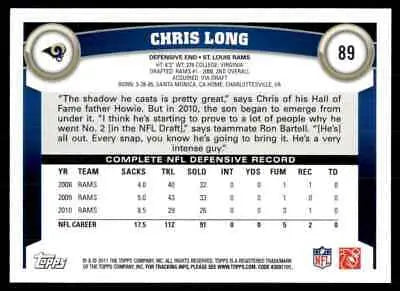 Chris Long football card from 2011 Topps, St. Louis Rams #89 collectible item