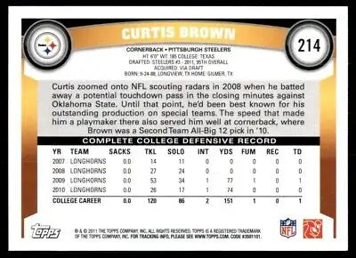 Topps Curtis Brown Rookie Football Card 2011 Pittsburgh Steelers #214