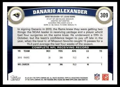 Danario Alexander football card 2011 Topps St. Louis Rams #309 text-align center