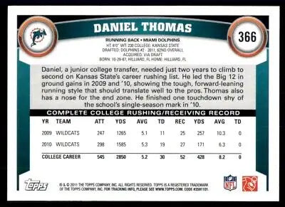 Daniel Thomas football card from 2011 Topps Rookie Miami Dolphins #366 displayed center