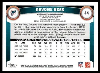 Davone Bess Miami Dolphins football card 2011 Topps #44 displayed text-align center