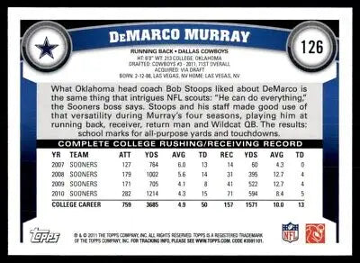 DeMarco Murray 2011 Topps Rookie Card #126 Dallas Cowboys collectible sports memorabilia