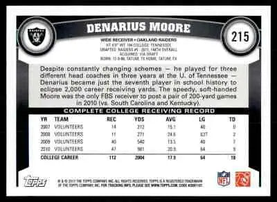 Denarius Moore football card back from 2011 Topps Rookie Oakland Raiders #215, text-align center