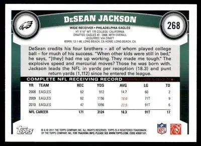 DeSean Jackson football card from 2011 Topps Philadelphia Eagles #268 featuring vibrant colors