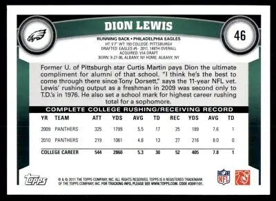 Dion Lewis Rookie Card 2011 Topps Philadelphia Eagles #46 for collectors and fans