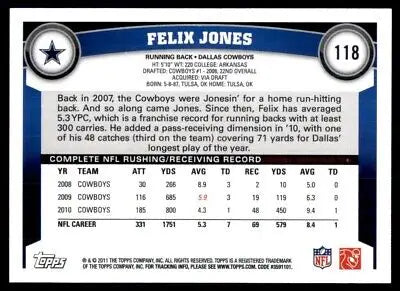 Felix Jones Dallas Cowboys football card from 2011 Topps, product #118, text-align center