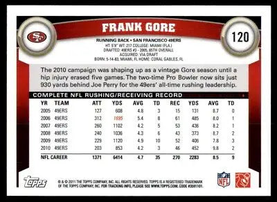 Frank Gore San Francisco 49ers football card 2011 Topps #120 text-align center image