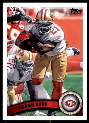 Frank Gore 2011 Topps trading card featuring San Francisco 49ers, text-align center design