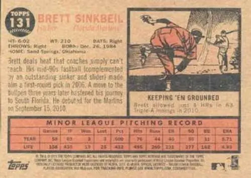 Brett Sinkbeil baseball card from 2011 Topps Heritage NMMT RC original gloss Marlins