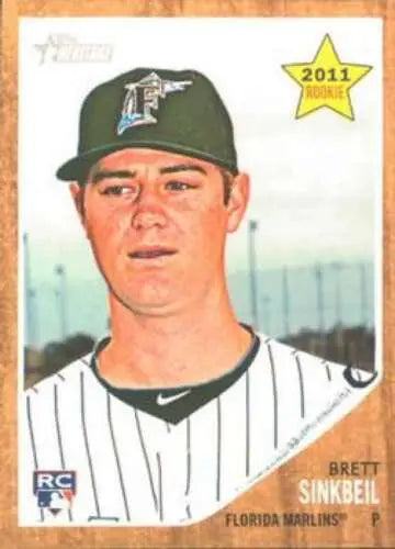 2011 Topps Heritage #131 Brett Sinkbeil RC card showing original gloss from Marlins