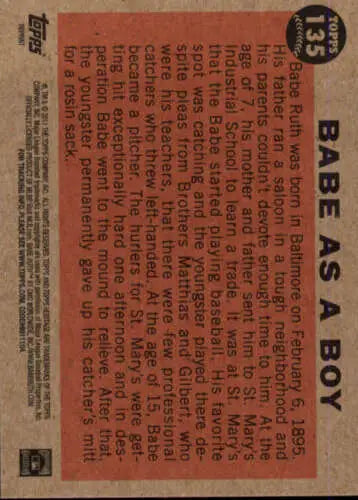 Vintage Baseball Card Back of 2011 Topps Heritage Babe Ruth with Original Gloss