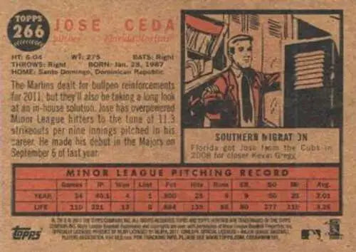 Baseball card back of 2011 Topps Heritage #266 Jose Ceda NMMT RC Rookie with original gloss