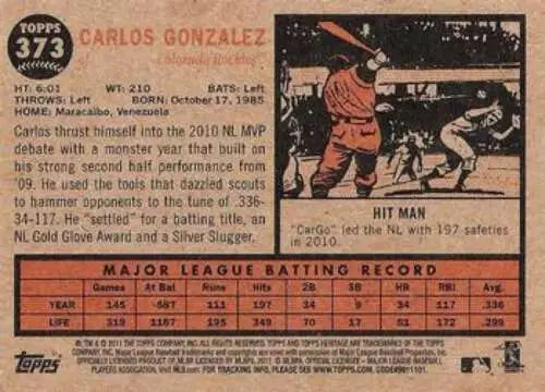 Carlos Gonzalez NMMT baseball card 2011 Topps Heritage #373 original gloss Rockies